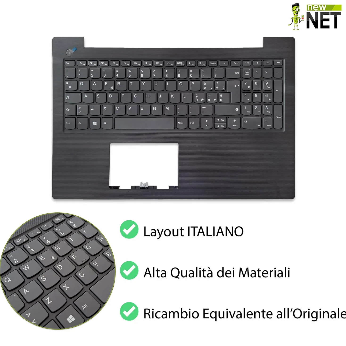 new net - Top Case Palmrest con Tastiera Compatibile con Notebook Lenovo 5CB0R28215 [Frame Colore Iron Grey - Senza touchpad - Layout ITA]