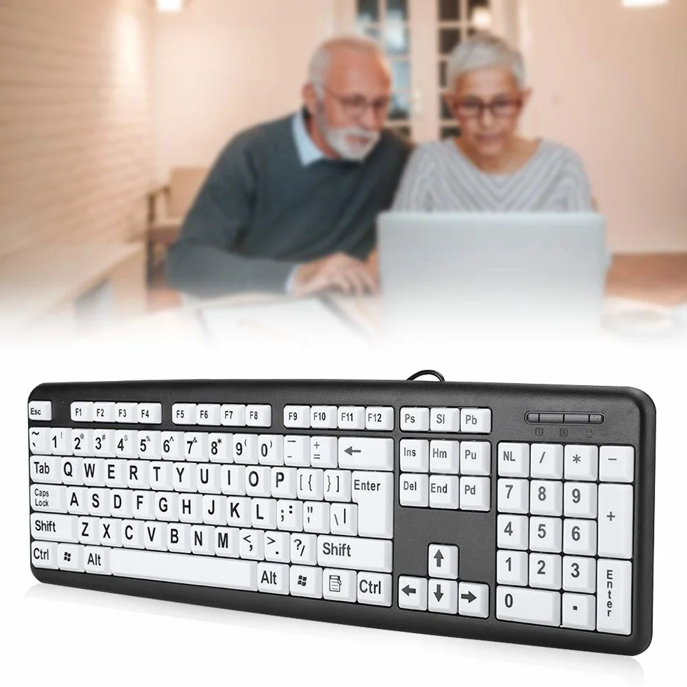 Grande tastiera con 104 tasti, tastiera USB cablata per computer con lettere di stampa sovradimensionate per ipovisione, anziani, anziani, ipovedenti