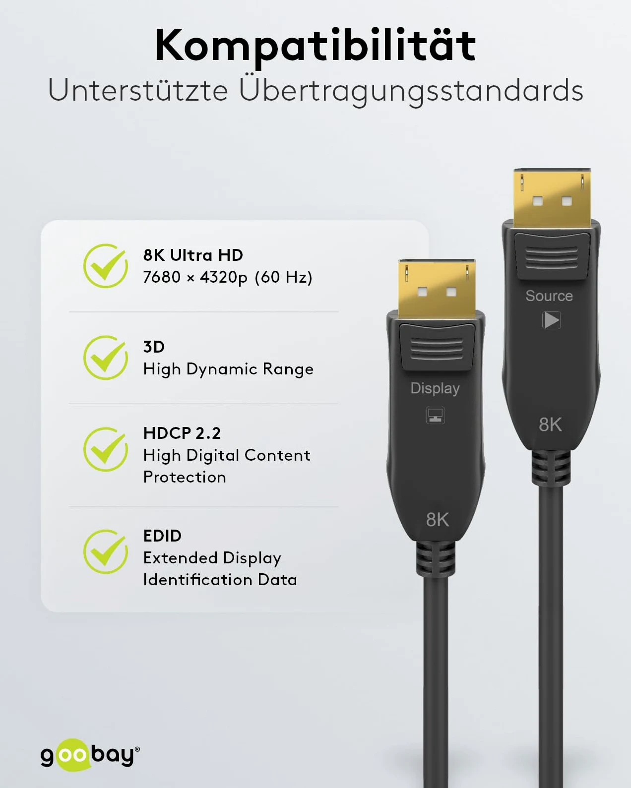 goobay 64866 Cavo di collegamento ottico DisplayPort Hybrid 2.0 (AOC) / 8K Ultra HD 4320p (60 Hz) / fibra ottica ibrida conduttore di rame/DisplayPort su DisplayPort / 10M