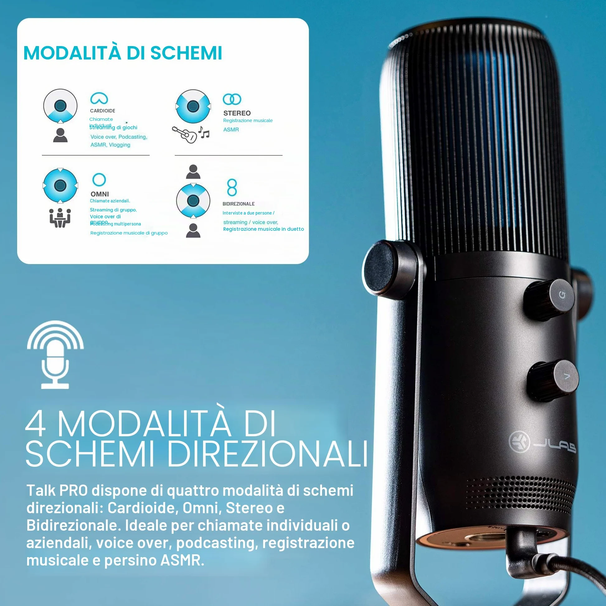 JLab Audio Talk PRO Microfono USB Plug and Play, Microfono per PC Portatile con Controllo Volume e Quick Mute - Microfono a Condensatore Professionale per Streaming, Podcasting e Gaming