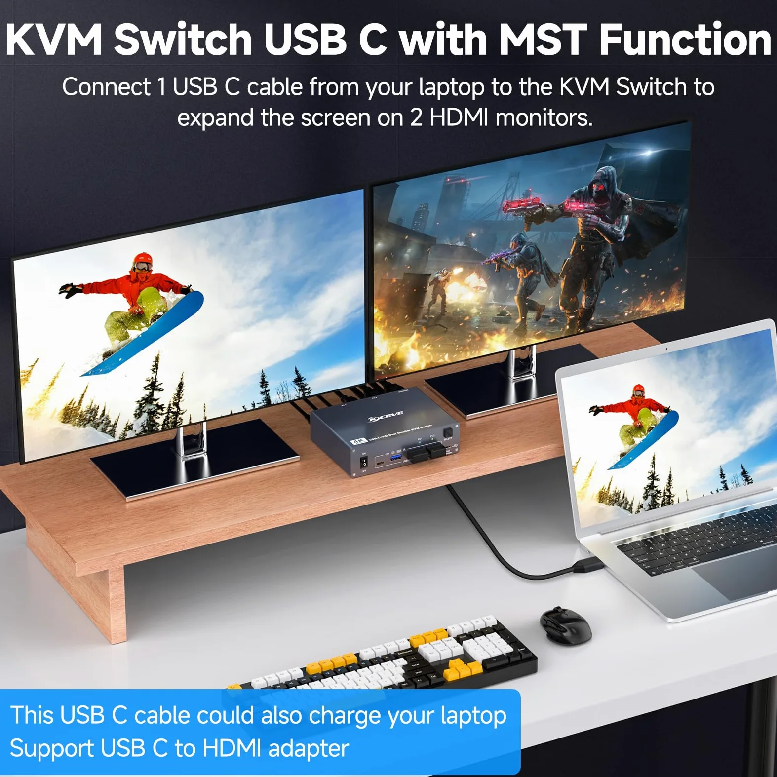 Switch KVM 2 Monitor per 1 Laptop 1 Desktop PC, USB 3.0 KVM Switch 2 PC 2 Monitor USB-C, 4K @ 60 Hz, MST, PD 100 W, Aluminium, Wired Remote(4K USBC HD 2 in 2 out)