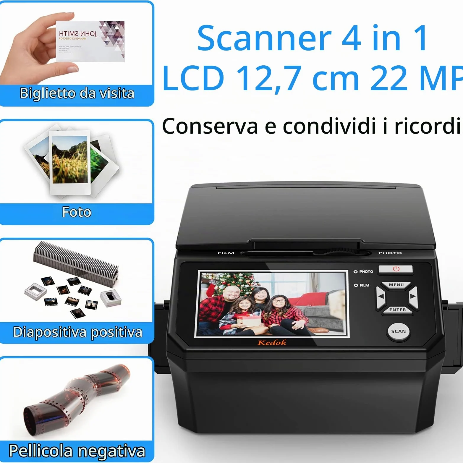 Kedok Multi-scanner per foto, diapositive e negativi,Convert 35mm,110 Film/Photo/NameCard to 22MP Digital JPEG,con schermo LargE da 5”
