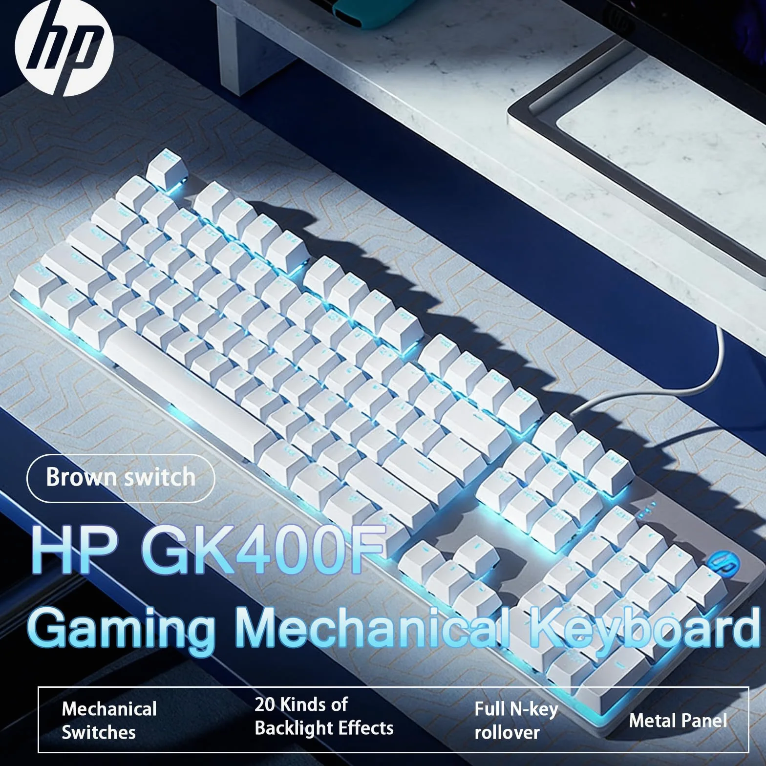 HP GK400F Tastiera meccanica cablata, pannello in metallo ABS, 104 tasti per giochi e uso aziendale, interruttore marrone, compatibile con desktop e laptop, argento