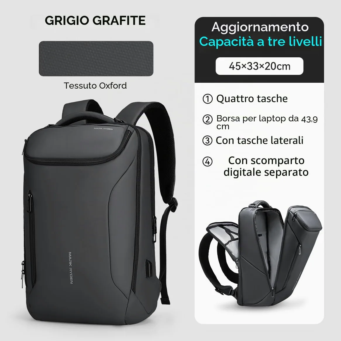 MARK RYDEN Zaino portatile di grande capacità con USB 17.3 pollici/15.6 pollici per gli uomini zaino multifunzione antifurto zaino giorno per business