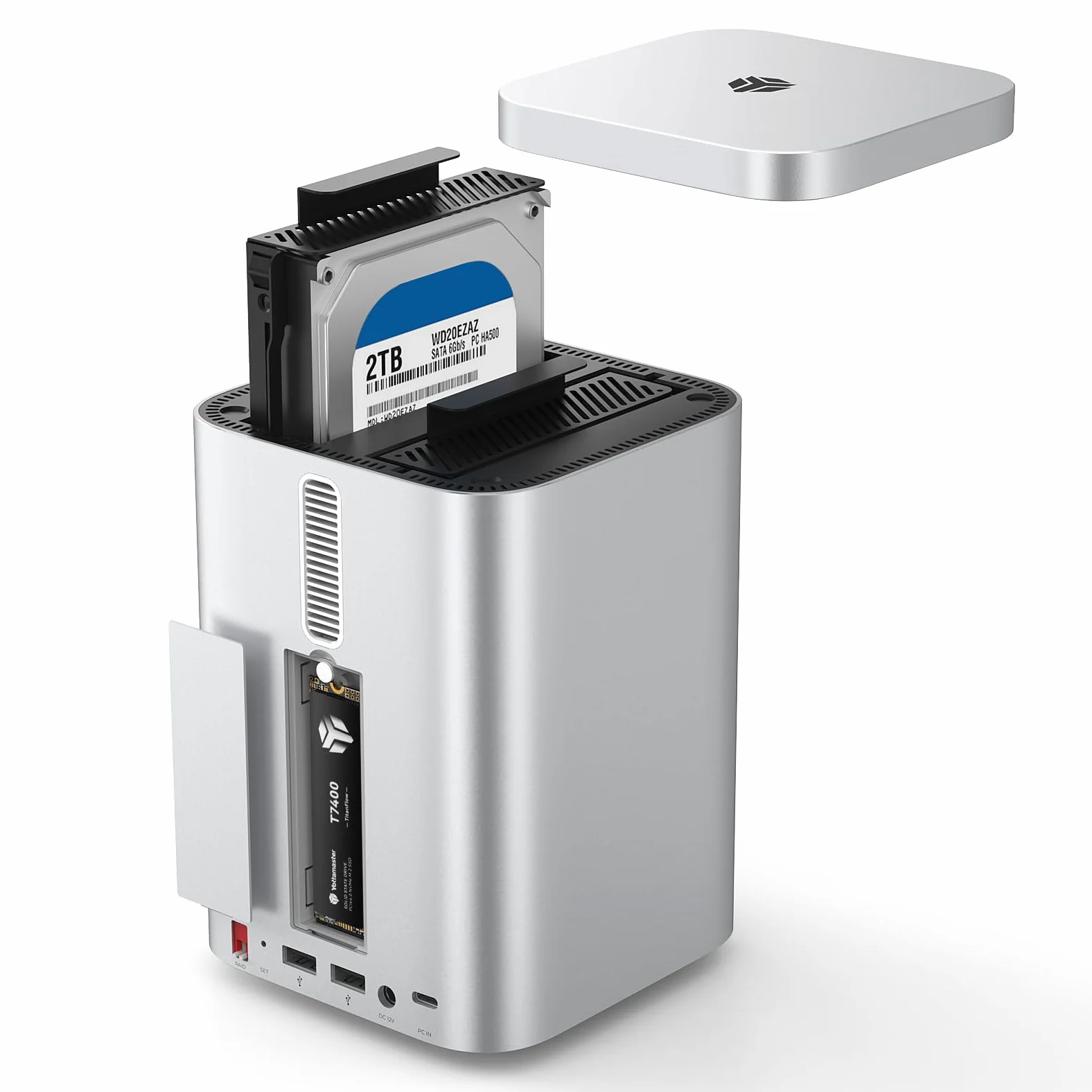 Yottamaster 2 Bay 10Gbps RAID Case per Disco Rigido, USB-C 10Gbps per 2,5"/3,5" SATA HDD/SSD + M.2 NVMe/SATA, Fino a 56TB, Hub USB, Lettore SD/TF, Case in Alluminio con Ventola (Senza Disco)