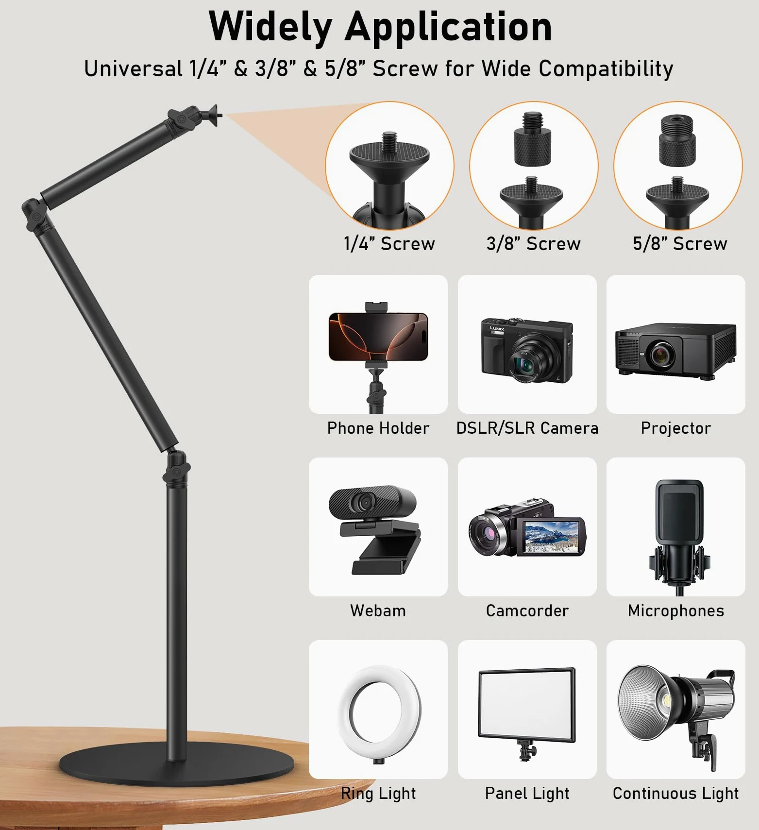 Supporto da scrivania con base rotonda per fotocamera, in alluminio, flessibile, monopiede, con vite da 1/4" 3/8" 5/8" per fotocamera DSLR, luce, webcam, live streaming, vlogging
