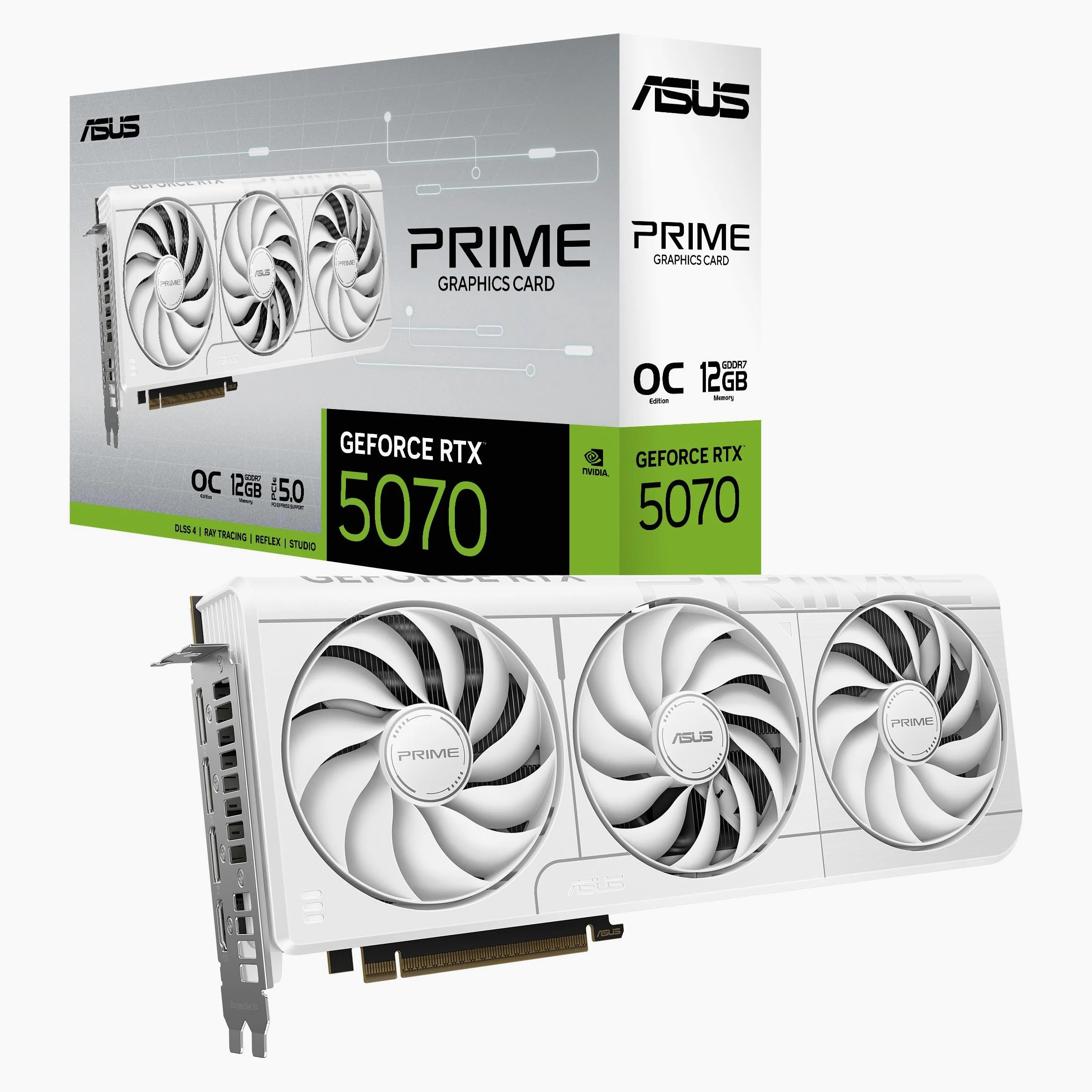 ASUS PRIME NVIDIA GeForce RTX 5070 OC Edition, Scheda Grafica 12 GB GDDR7, 192 Bit, PCIe 5.0, Design a 2,5 Slot, 3 Ventole Axial-Tech, 1 HDMI 2.1, 3 DisplayPort 2,1, Bianco, PRIME-RTX5070-O12G-WHITE