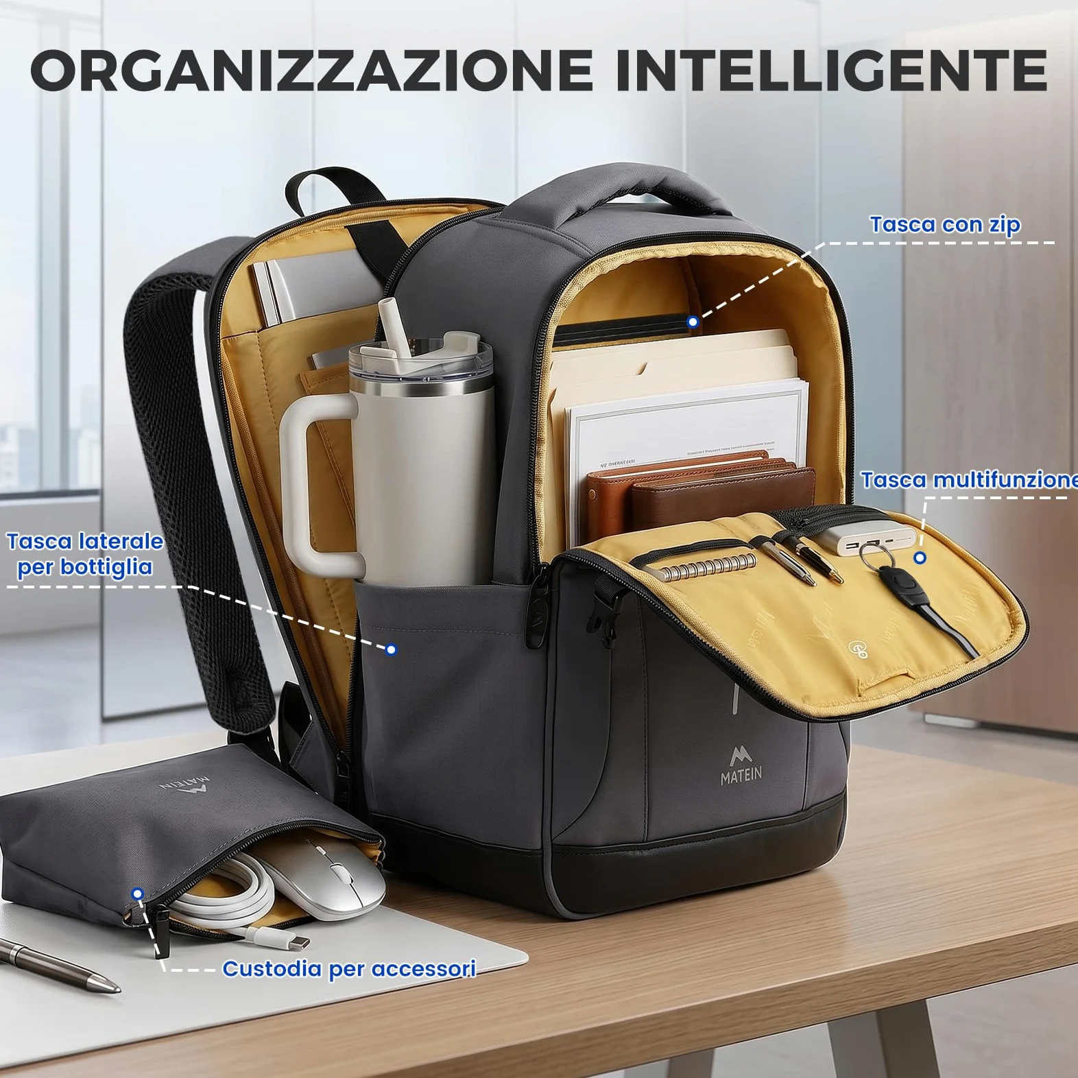 MATEIN Zaino Porta PC 15,6 Pollici, Zaino Lavoro Uomo per Laptop Notebook | Zaino PC Portatili con Custodia Organizer, Zaino Antifurto da Viaggio 40x30x16cm, per Ufficio, Viaggio e Università, Grigio