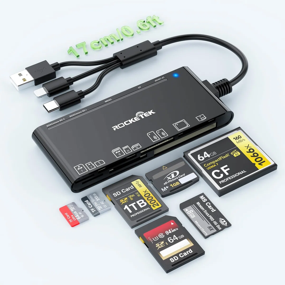 Lettore multiplo di schede di memoria 7 in 3 - Lettore multiplo di schede USB C Lightning USB 3.0 per SD TF CF XD MS,5Gbps adattatore lettore di schede SD per iPhone 17/16/15/14/Pad/MacBook/Samsung/PC