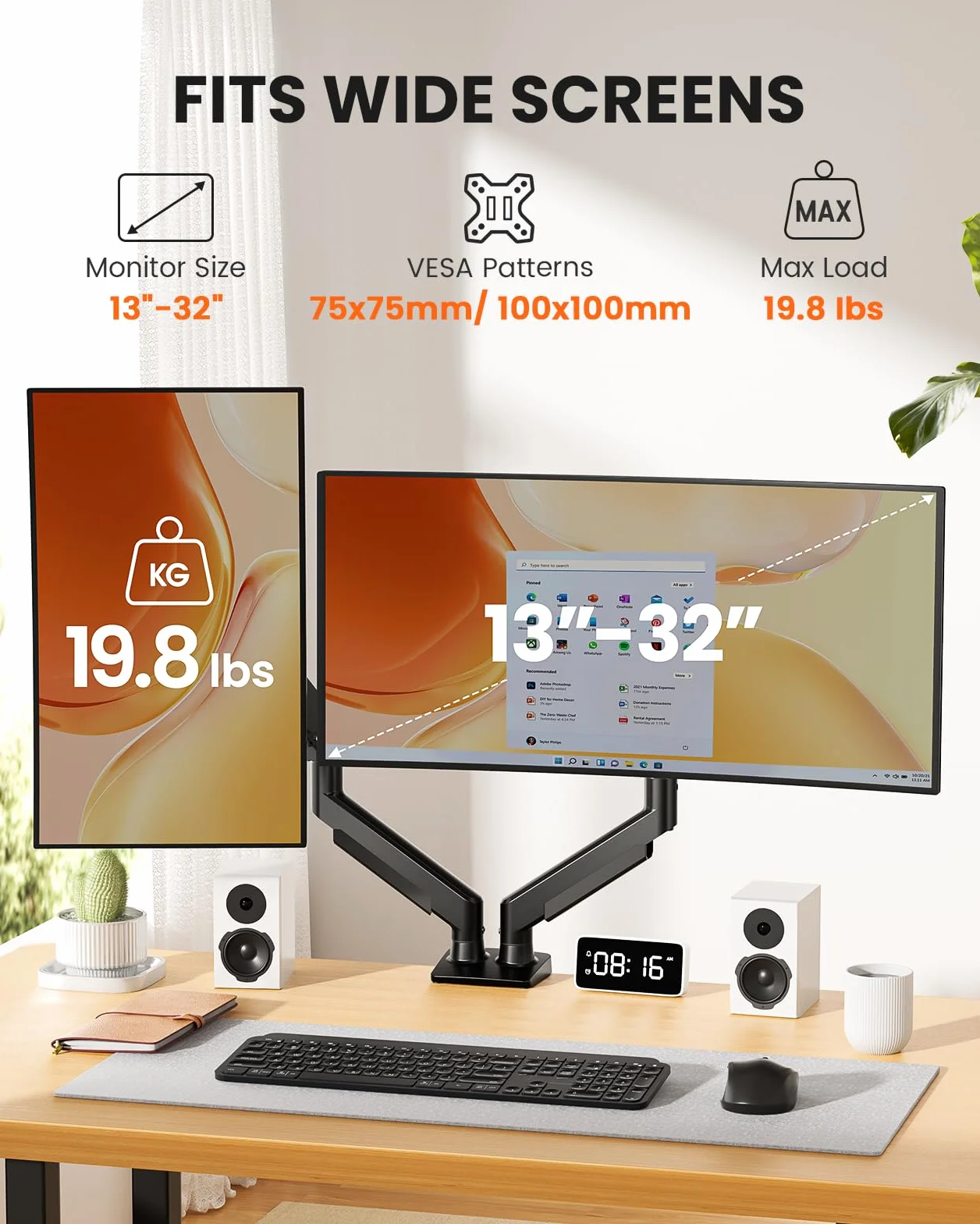 ErGear Braccio Monitor, Braccio Monitor Doppio Regolabile per Schermi 13-32″, Supporto Monitor Scrivania Computer a Installazione Rapida con VESA, Carico Massimo 9 kg, VESA Max 100x100mm