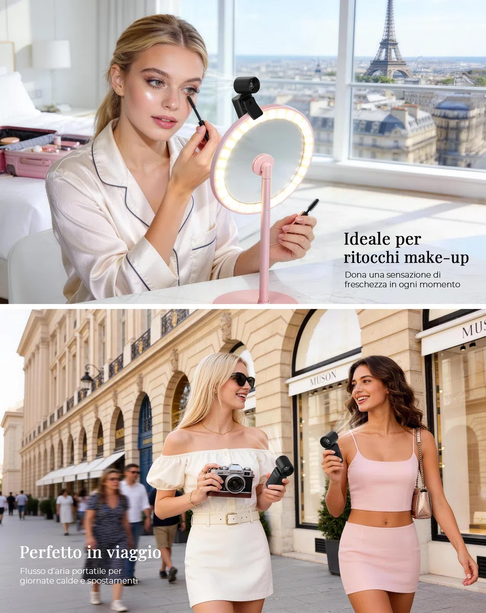 Ventilatore a Mano Portatile, Mini Ventilatore USB Ricaricabile, 4 Velocità, Alta Velocità Fino a 13500 Giri/Min, Con Clip, Display LED, Per Interni, Esterni e Viaggio
