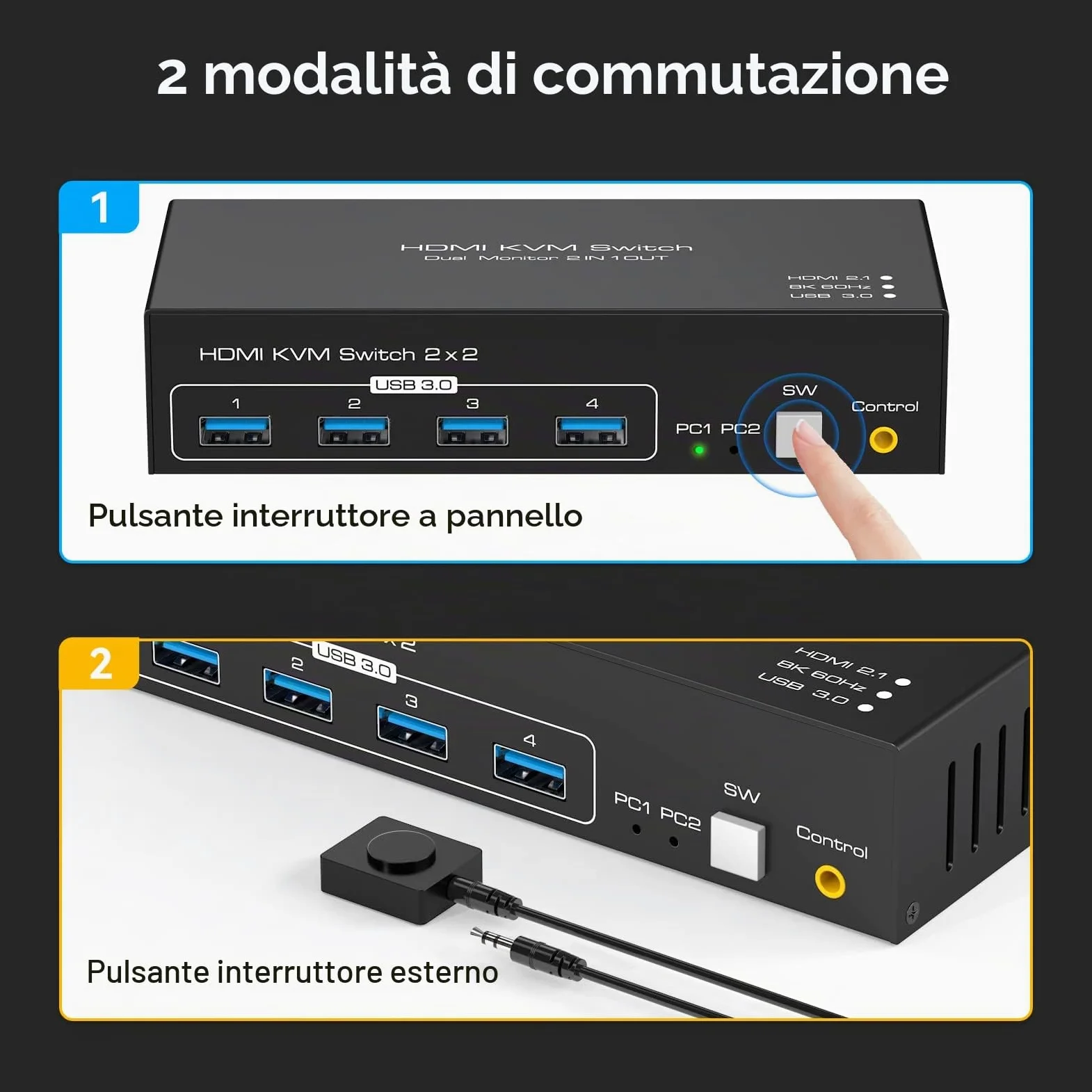 4K120Hz HDMI Interruttore KVM 2 PC 2 Monitor 8K60Hz Per KVM Switch 2 PC 2 schermi con 4 porte USB 3.0 Supporta il controllo dei cavi desktopInclude 2 cavi USB3.0