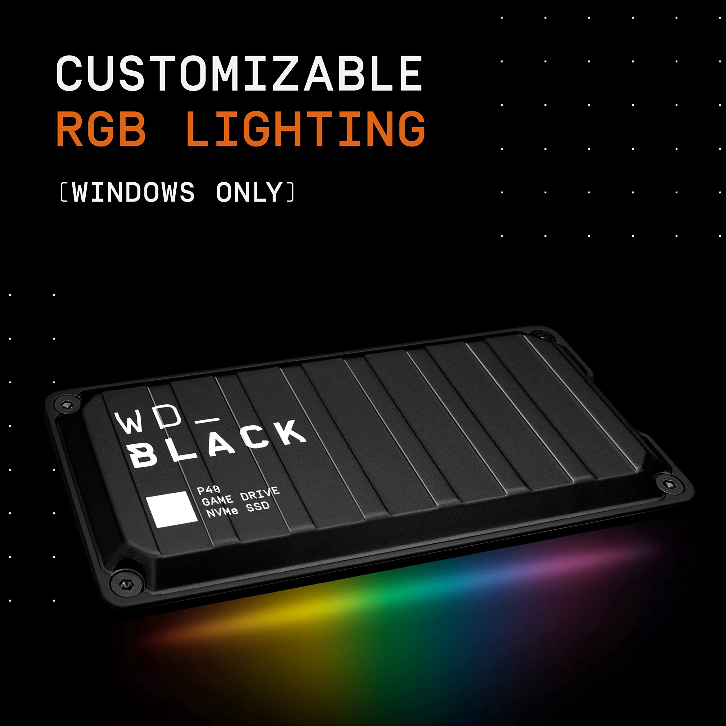 WD_BLACK P40 2TB SSD Game Drive USB-C USB 3.2 Gen 2x2 Unità a stato solido NVMe esterna fino a 2000 MB/s Effetti luminosi RGB personalizzabili werkt met Playstation, Xbox, pc en Mac