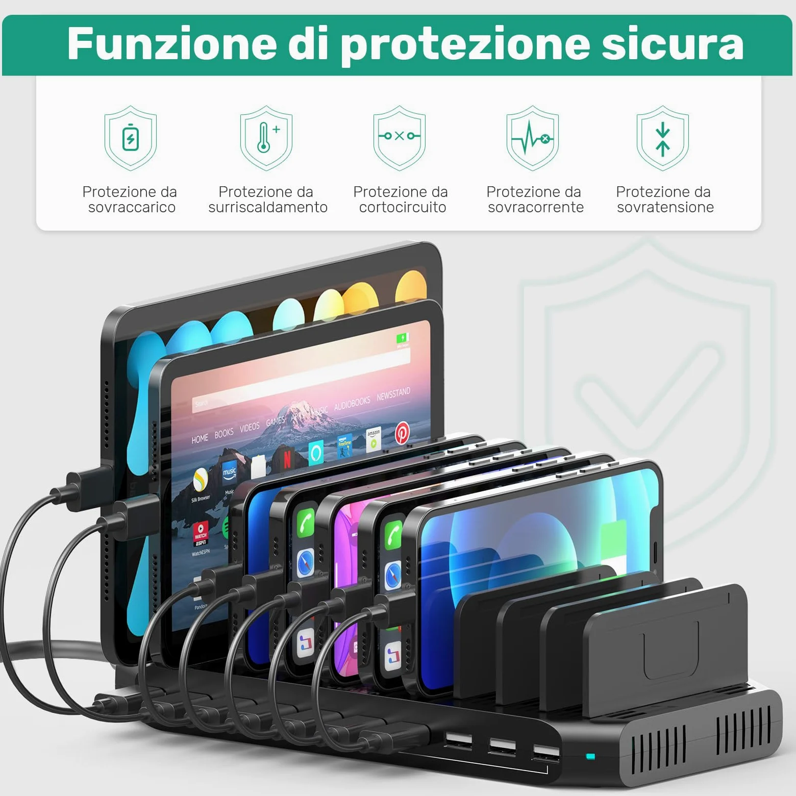 SUIDEK Stazione Di Ricarica Multipla A 10 Porte, Caricatore USB Da 60 W Per Più Dispositivi Con Divisori Regolabili, Compatibile Con Tablet, Smartphone