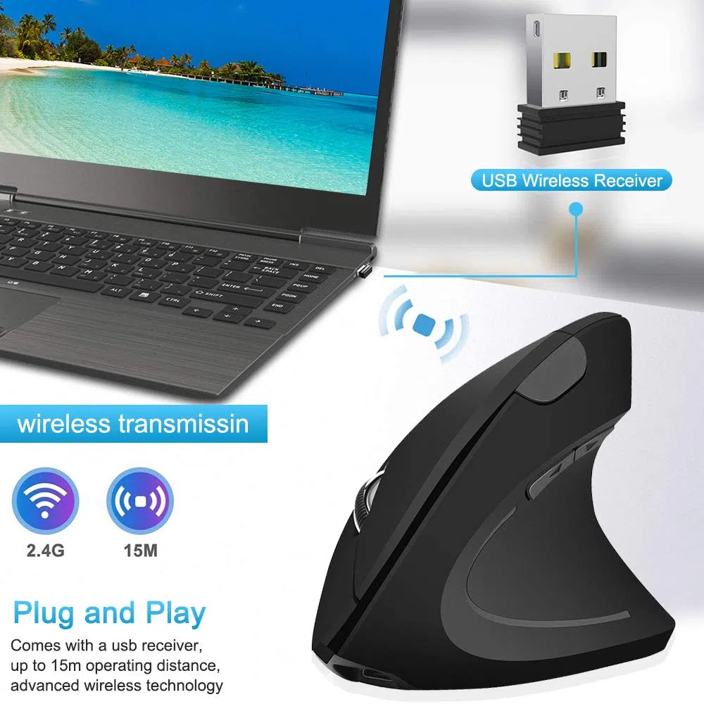 Mouse Verticale Ergonomico Wireless USB Ricaricabile Ottico 2.4G ad Alta Precisione Adjustable 800/1200/1600 DPI, 5 Pulsanti Per PC/Laptop/Mac