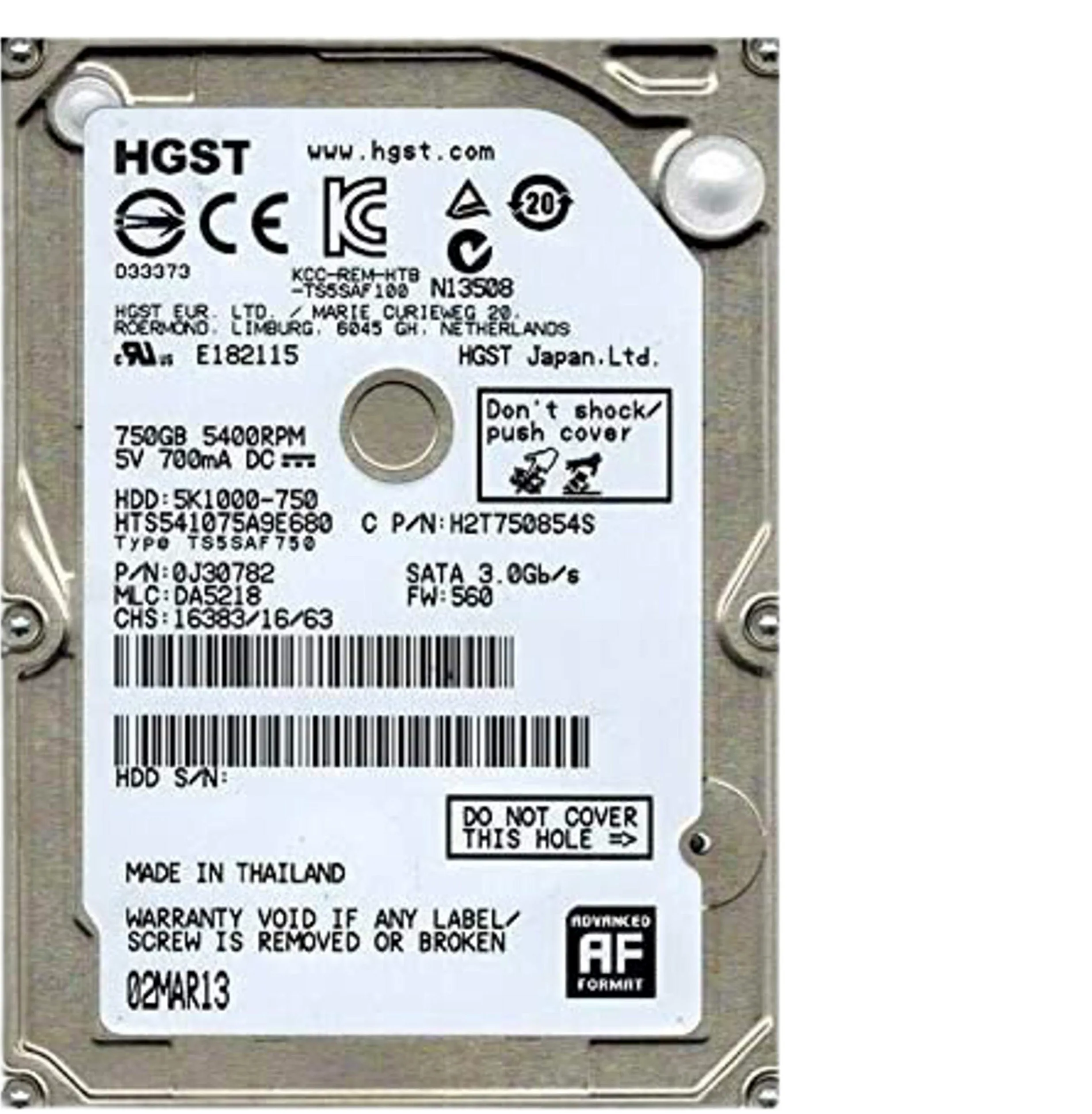 Disco Rigido 750Go SATA 2.5" Hgst HTS541075A9E680 Laptop 8Mo