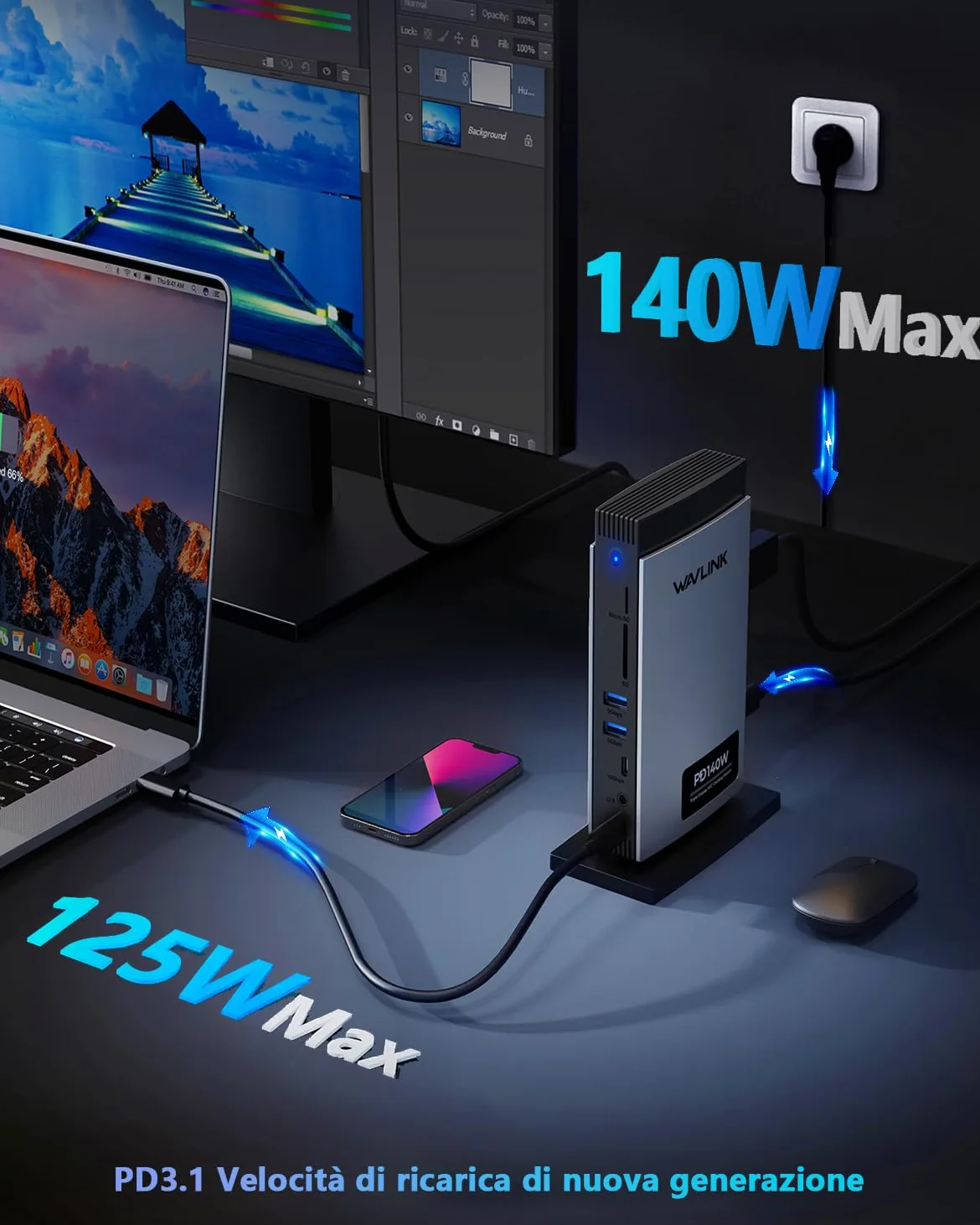 WAVLINK Laptop Docking Station Triplo display (Single 8K@30Hz/4K@144Hz), USB C Dock 125W PD3.1 Pass-Through, 2*DP, HDMI, Ethernet, SD/TF, per Windows