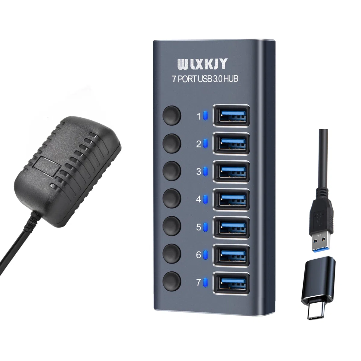 Hub USB 3.0 in alluminio, hub USB attivo - 7 porte USB 3.0 SuperSpeed, interruttori individuali e alimentatore da 36 W (12 V/3 A) per MacBook/MacBook Air/MacBook PRO
