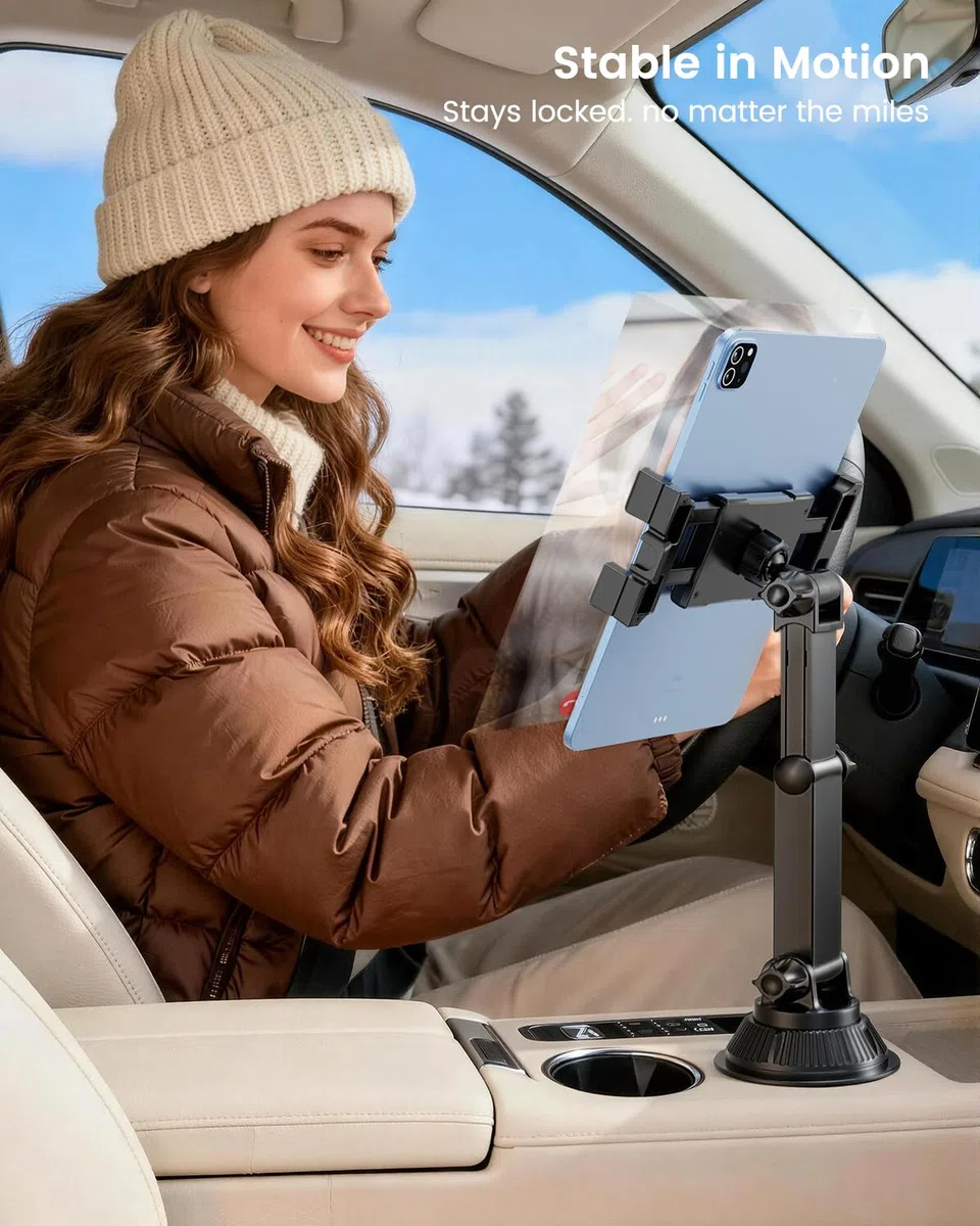 OHLPRO Supporto per tablet per auto, supporto per iPad, compatibile con iPad da 5 a 17", tablet, supporto per bicchieri da auto con braccio girevole regolabile e flessibile, accessorio per auto per