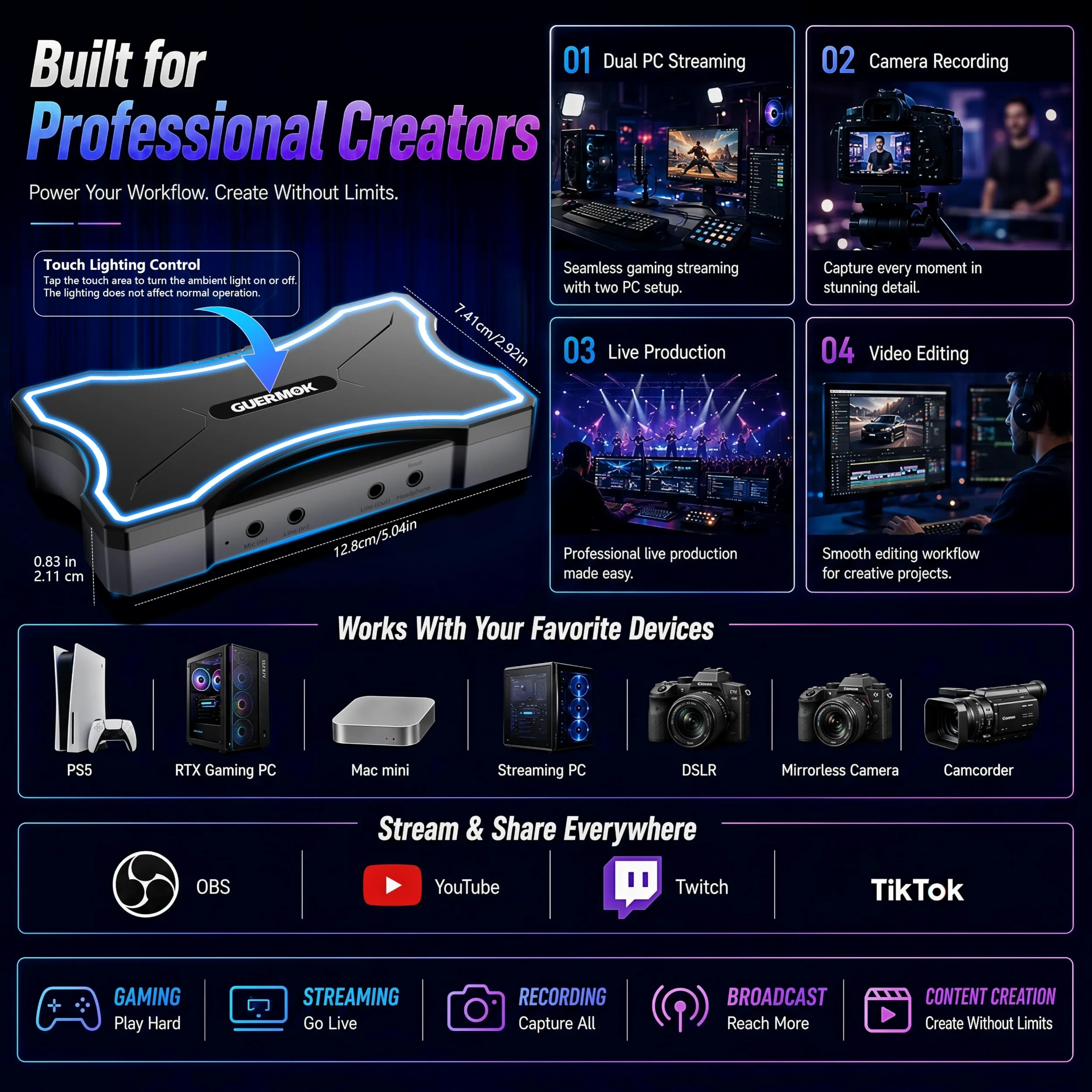 Guermok Scheda di acquisizione HDMI 2.1 4K144, acquisizione video RGB24 4K30FPS, HDR10/VRR | PD100W, USB3.2 Gen2, 2K240/1080P360 Pass-Thru, Mic/Line In, Line Out, per PS5/4/Xbox1/Switch 2/PC/Mac/iPad, OBS Stream/Record