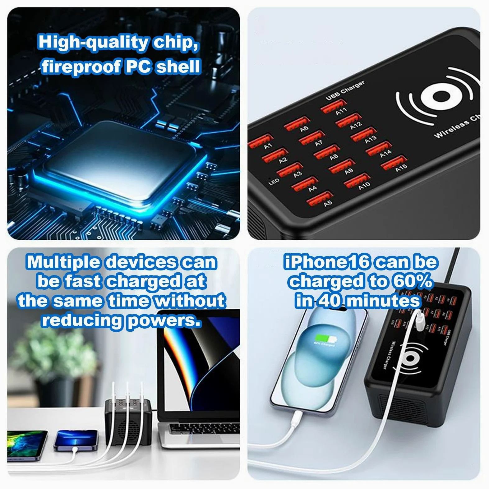 Stazione di ricarica USB - Hub a ricarica rapida a 15 porte, adattatore portatile ad alta velocità, organizer per dispositivi multipli, resistente blocco per tablet per laptop | Home Office Viaggi