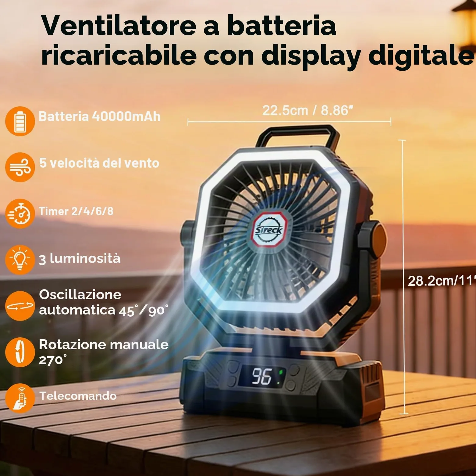 Sireck Ventilatore da campeggio da 40000 mAh, ventilatore personale portatile alimentato a batteria da 25,4 cm, con telecomando, lanterna LED, 5 velocità, timer, display digitale, ventilatore da