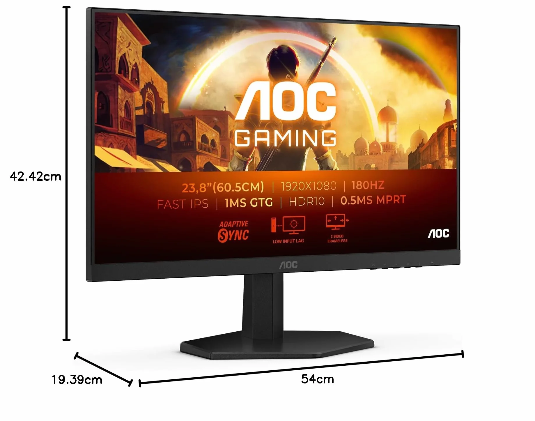 AOC Gaming Monitor 24G42E 24 pollici 1920x1080, FHD, 180Hz, Fast IPS Panel, 1ms GtG, (HDMI1x 2.0 DP 1x 1.4) HDR10, G-Sync Compatible, Nero