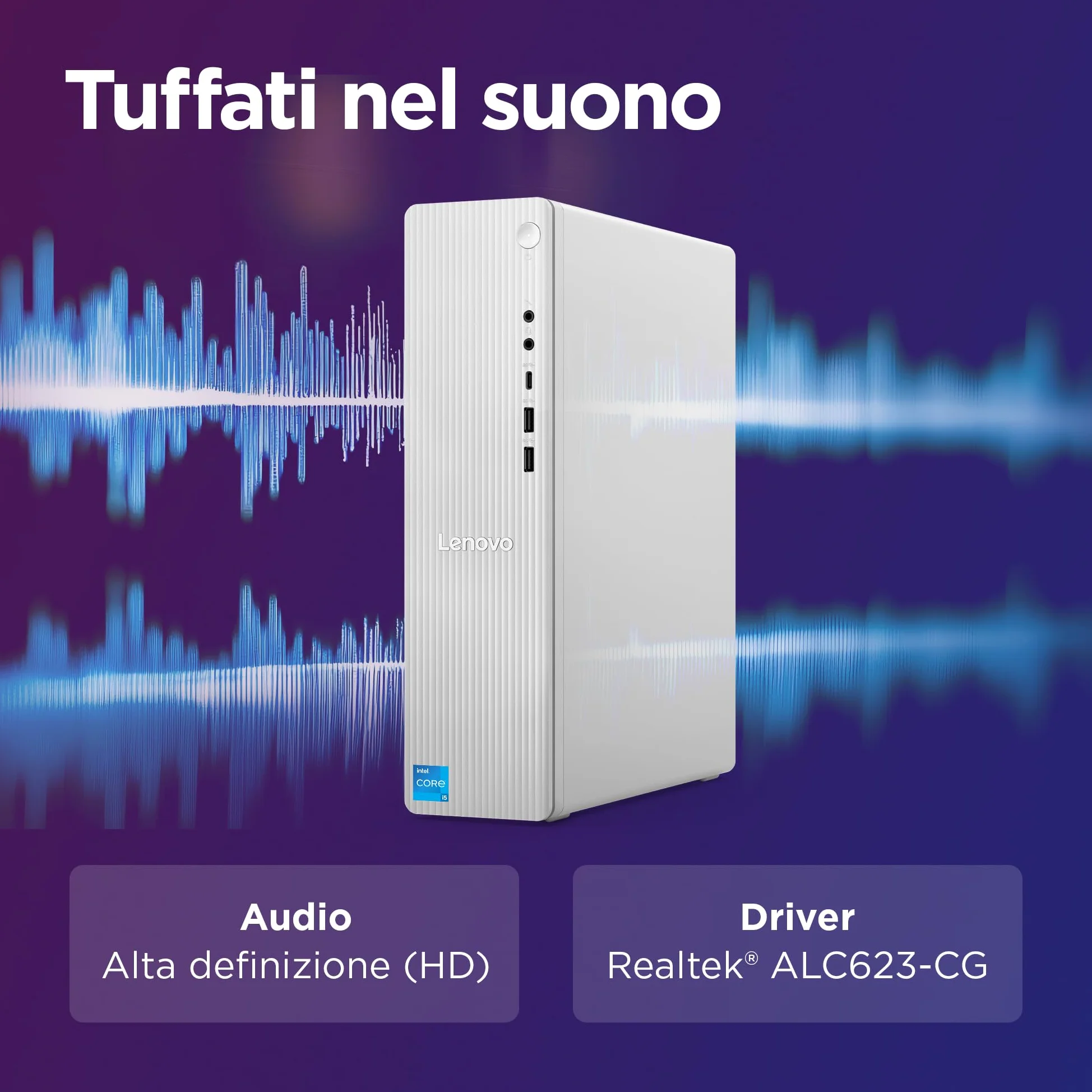 Lenovo IdeaCentre Tower Gen 9 - Desktop, Intel Core i5-13420H, RAM 16GB, SSD 512GB, Wi-Fi 6, BT 5.2, Windows 11 Home, Mouse e Tastiera USB inclusi - Cloud Grey