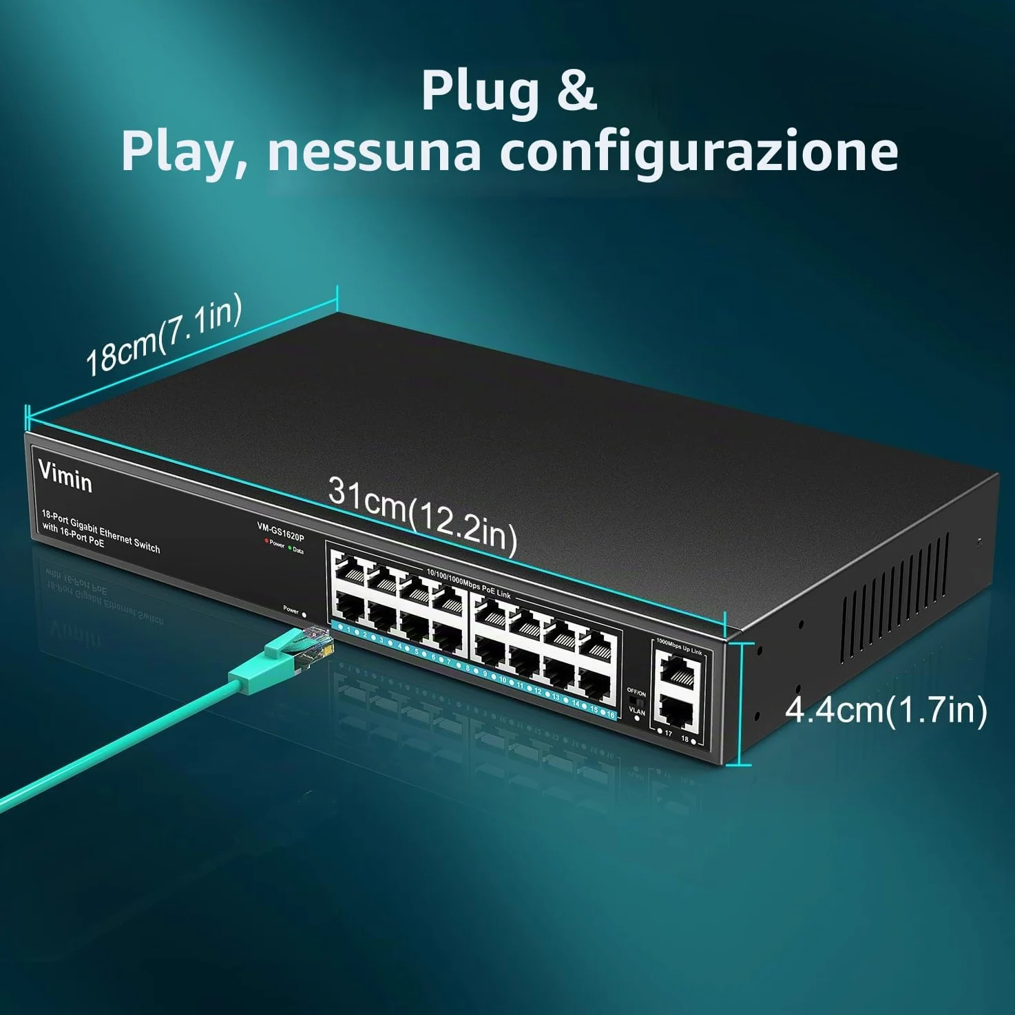 VIMIN Switch Poe Gigabit a 16 Porte con 2 Porta di Collegamento Gigabit, Switch Ethernet Poe Non Gestito a 18 Porte con Alimentazione di 250W, Supporto IEEE802.3af/at, VLAN, Involucro in Metallo
