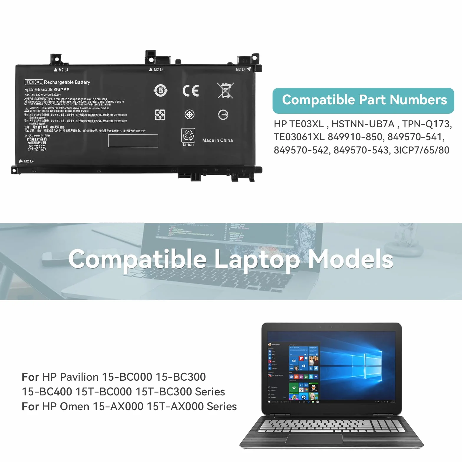 K KYUER TE03XL Batteria per HP Omen 15-ax000 Pavilion 15-bc000 15-bc000ng bc003ng bc004ng bc005ng bc006ng bc009ng bc011ng 15-ax007ng ax003ng ax000nl ax005ng ax001ns ax008ns ax038nf ax009ng TPN-Q173