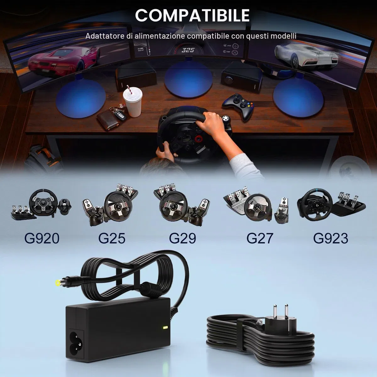 Caricabatterie 24V Compatibile con Logitech G920 G29 G923 G25 G27 G940 Racing Steering Forza motrice GT Racing Wheel APD DA-42H24 AD10110LF 190211-0010 Cavo di alimentazione