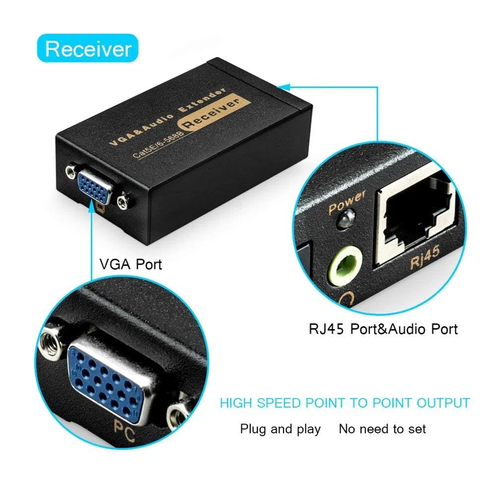 VGA Extender VGA a RJ45 2 pezzi 100m, Amplificatore Splitter Video Ricevitore Trasmettitore Cavo Ethernet con Supporto Audio Mittente Ricevitore DVR HD 3D