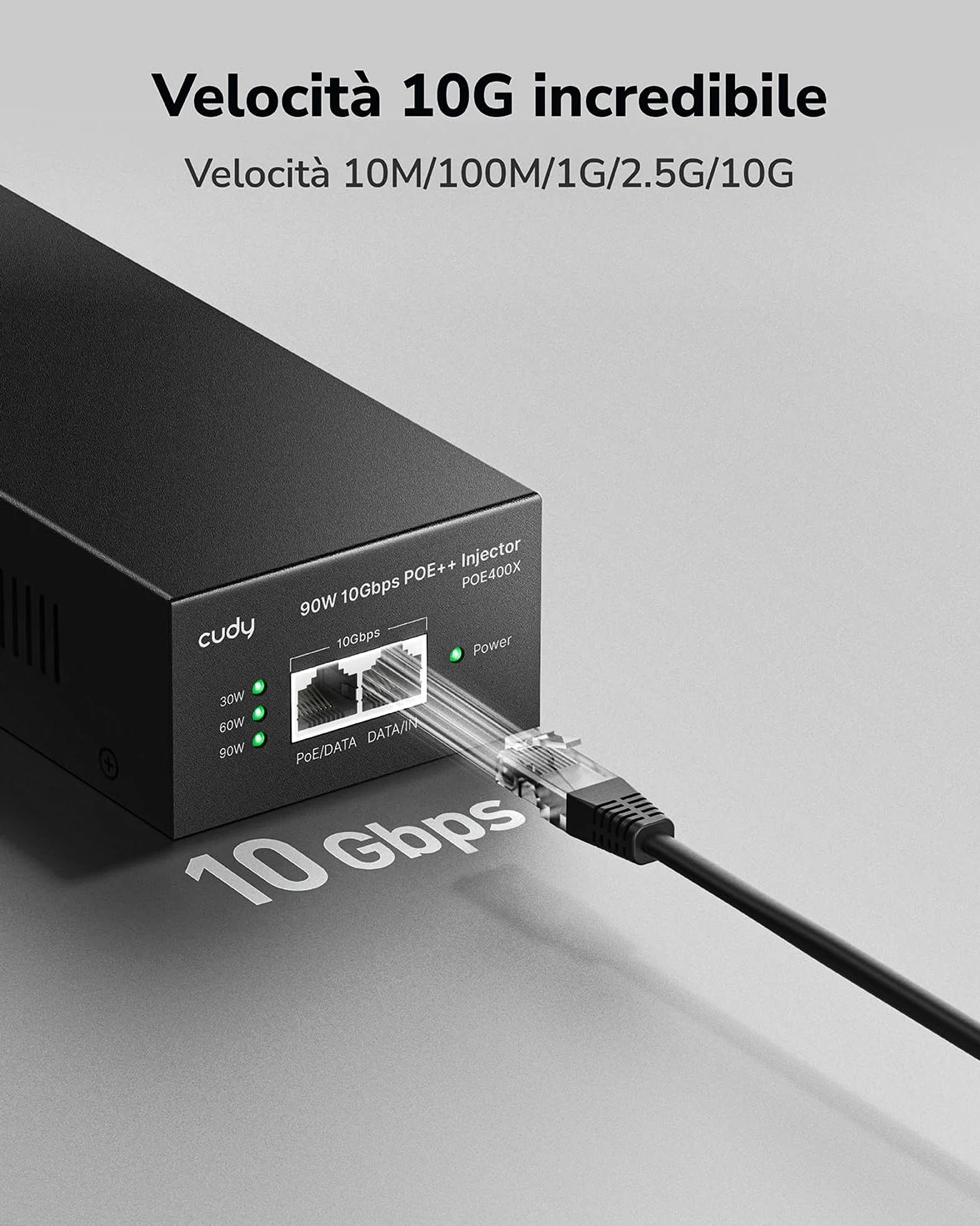 Cudy iniettore PoE++ 90W 10Gbps, 802.3bt/at/af 4-Pair, 1x10GbE In/Out, adattatore PoE Ethernet 90 m per AP WiFi 6/7, camera PTZ, controllo accessi, metallo muro, POE400X