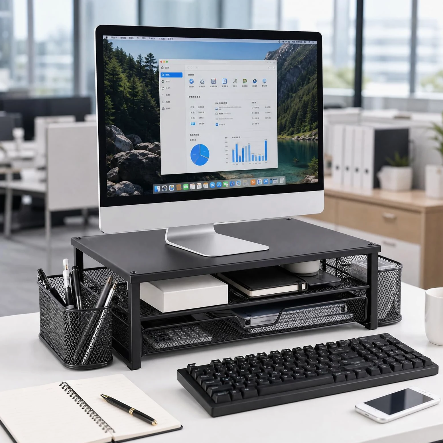 Supporto per monitor con cassetto e 2 portapenne, rialzo ergonomico da scrivania per laptop e schermo, organizer multifunzionale a 2 livelli per ufficio e home office (nero)