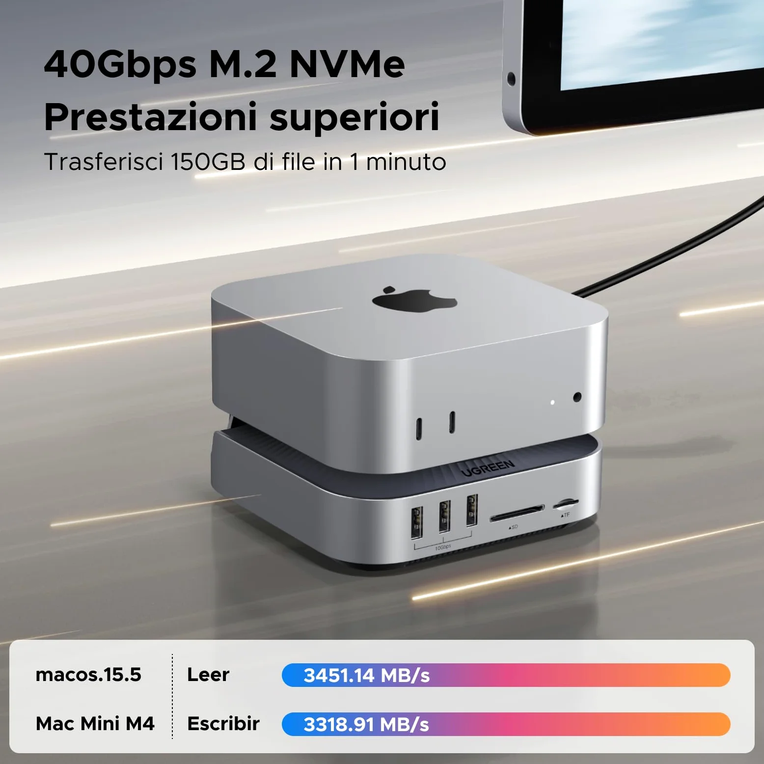 UGREEN USB4.0 40Gbps Docking Station Compatibile con Mac Mini M4 e M4 Pro con Case M.2 NVME SSD 10 in 2 Dock Hub USB C HDMI 8K 30Hz 4K 144Hz 5 Porte USB 10Gbps Lettore di Schede SD TF 4.0 3,5mm