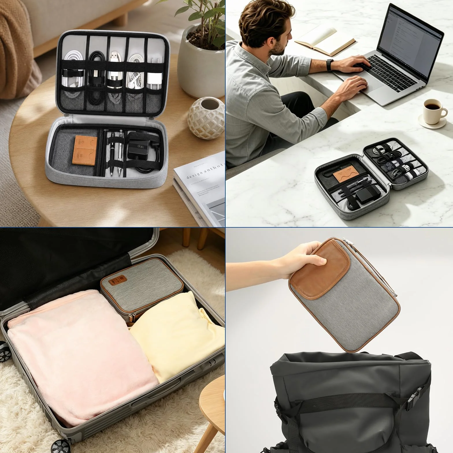 AiQInu Custodia Organizzatrice Elettronica, Borsa Accessori Tech Con Tasca iPad Mini, Slot Per Scheda SD & Cinghie Elastiche Per Caricatore, Cavi, Power Bank, Viaggi, Campeggio, Grigio