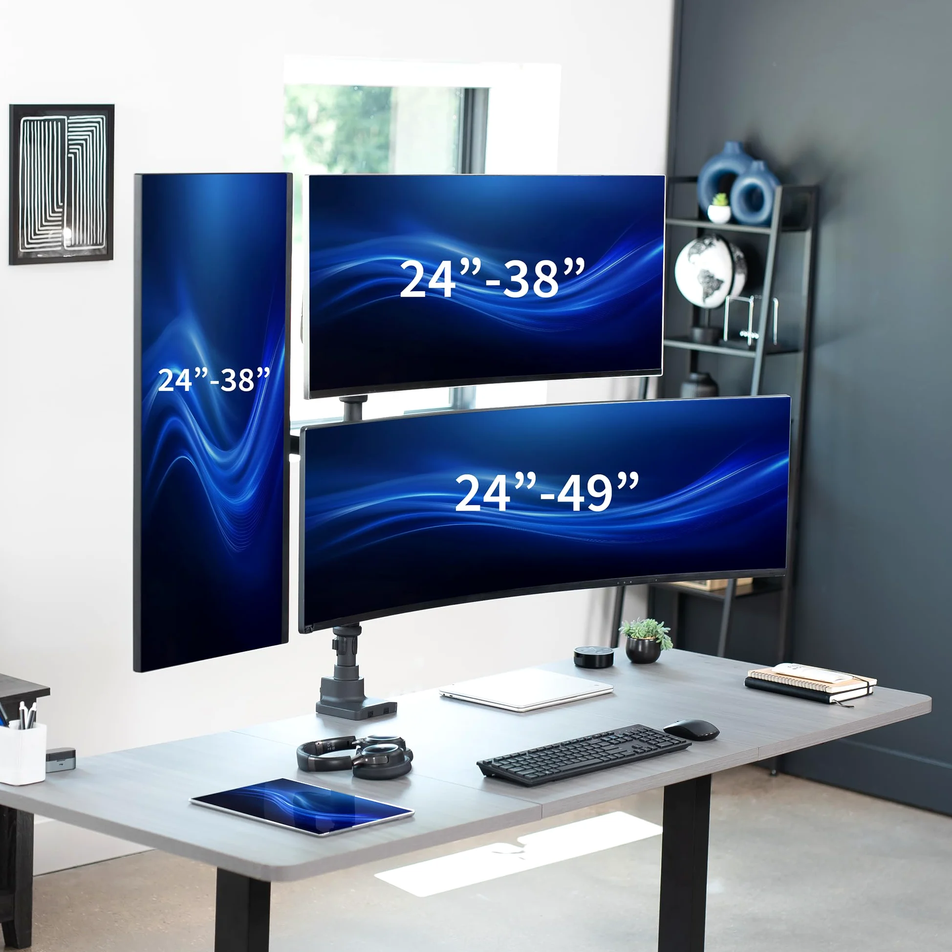 VIVO Braccio Pneumatico Triplo per Monitor Ultrawide Extra Alto Supporto da Scrivania per Schermi fino a 49 Pollici, Morsetto Robusto, Portata 3 Monitor Ultra Wide fino a 19,9 kg, Nero, STAND-V300D