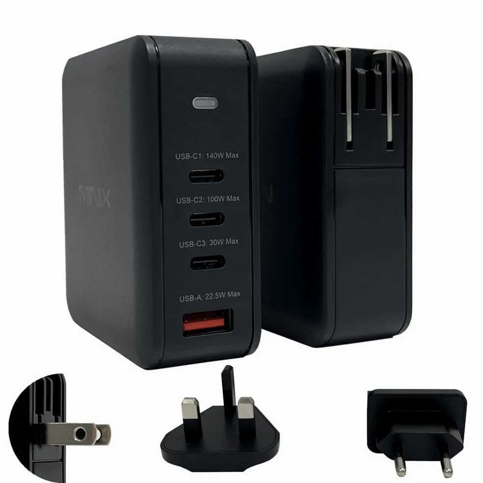 MINIX P165 Caricatore da muro a 4 porte 165W Turbo, con 3 porte USB-C, 1xUSB-C1 PD3.1 (140W) 1xUSB-C2 3.0 (100W) 1 x USB-C3 3.0 (30W) + 1 x USB- A 22,5W Ricarica rapida per laptop, tablet, smartphone
