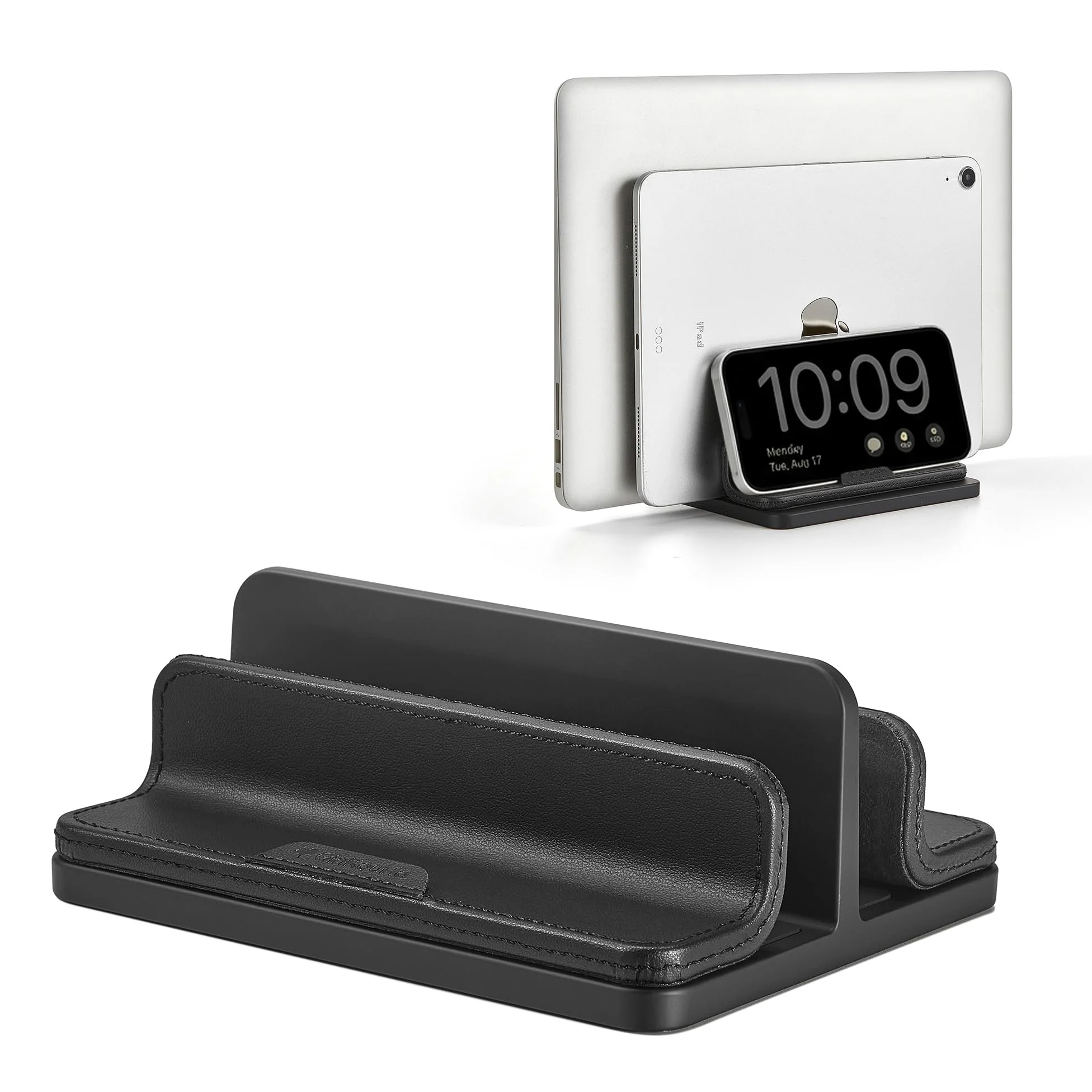Supporto verticale doppio per laptop, 3 in 1, supporto verticale da scrivania con dock regolabile (fino a 43,3 cm), organizer da scrivania in pelle per telefono, tablet, MacBook, HP, Dell, Chrome Book