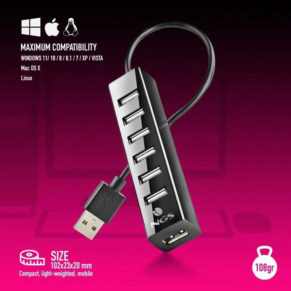 NGS IHUB7 TINY - Hub USB 2.0 con 7 Porte e Adattatore di Alimentazione da 5V/1A, Compatibilità Universale, "Plug and Play"