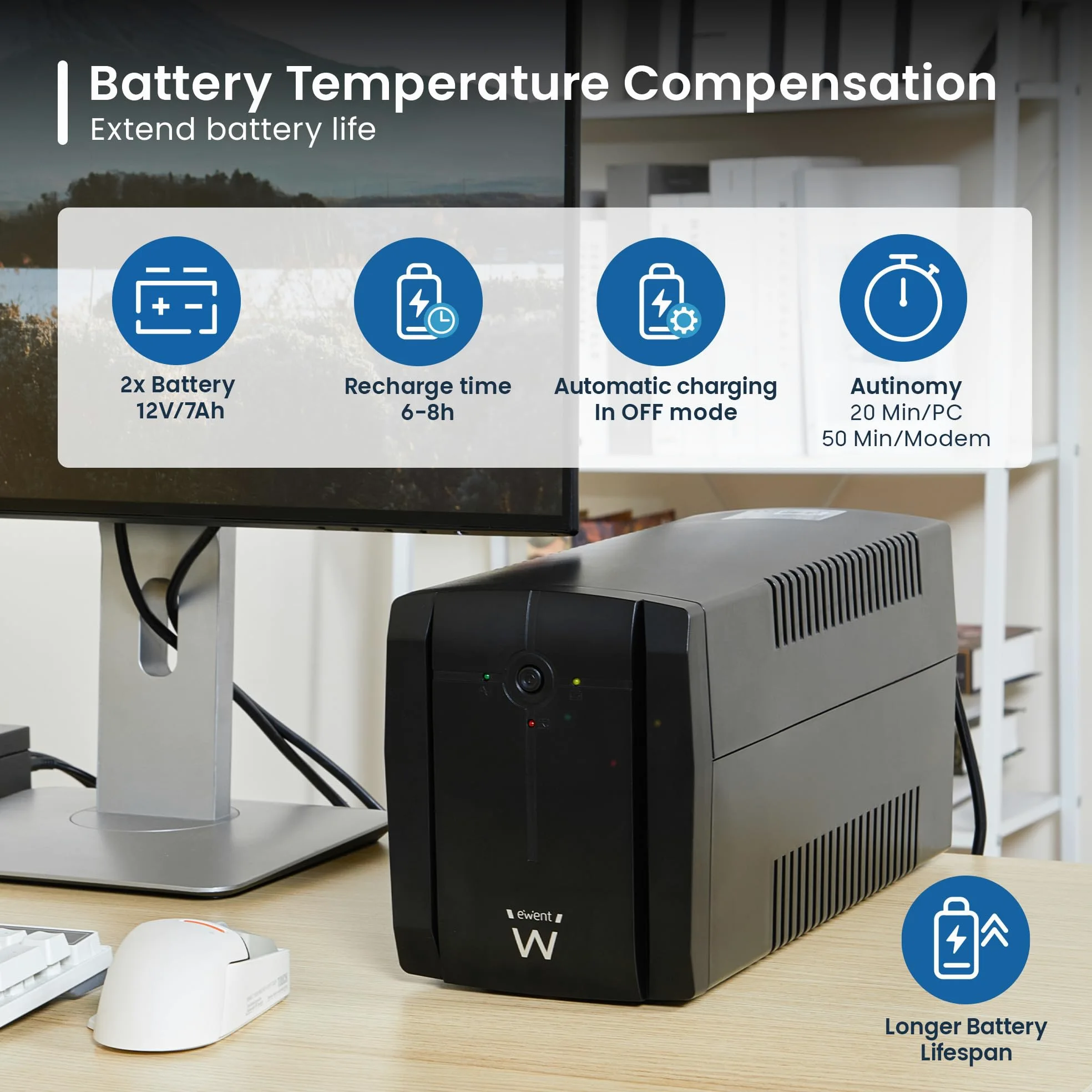 Ewent UPS Gruppo di continuità, Potenza 1300VA (720W) 250V, Protezione da Sovratensioni,Sbalzi Corrente e Blackout, Autonomia 20 min, 3 prese Schuko EU, AVR Line Interactive per PC, Modem, Console