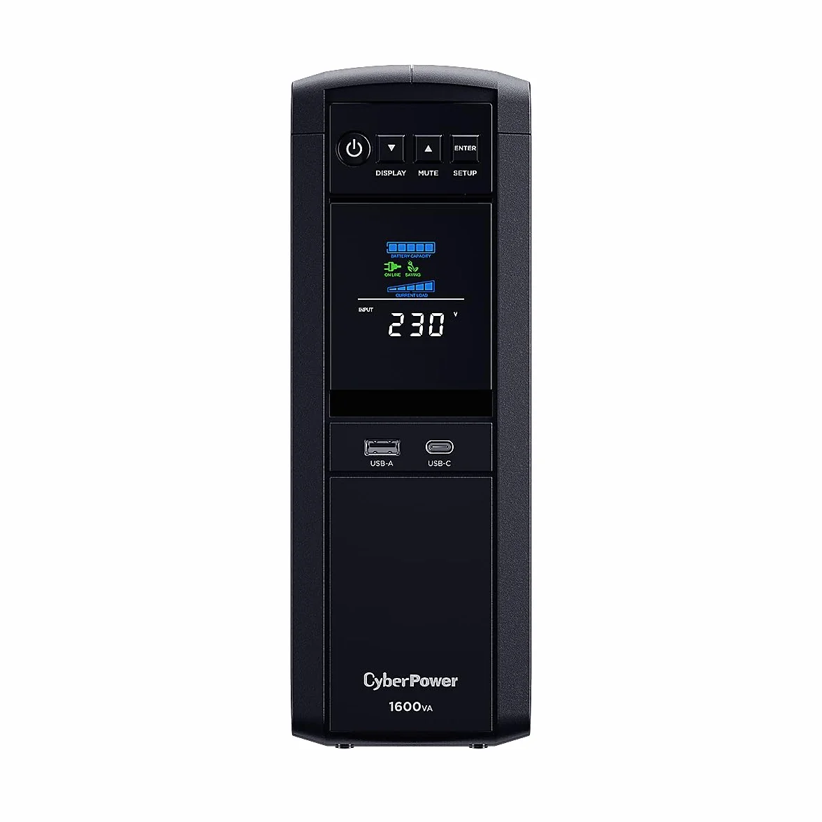 CyberPower CP1600EPFCLCD Line-Interactive UPS 1600VA/1000W Onda sinusoidale pura, AVR, LCD, USB (HID), DB9, RJ45 Lan Protection, 6x Schuko, porta per comunicazione di rete, caricatore USB A+C
