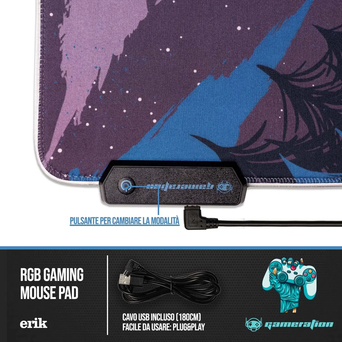 Grupo Erik: Tappetino Mouse XXL Gamer One More Life | Tappetino Mouse 900x400, Tappetino RGB LED con 14 effetti luce e cavo USB, base antiscivolo, 100% waterproof, Tappetino Gaming LED