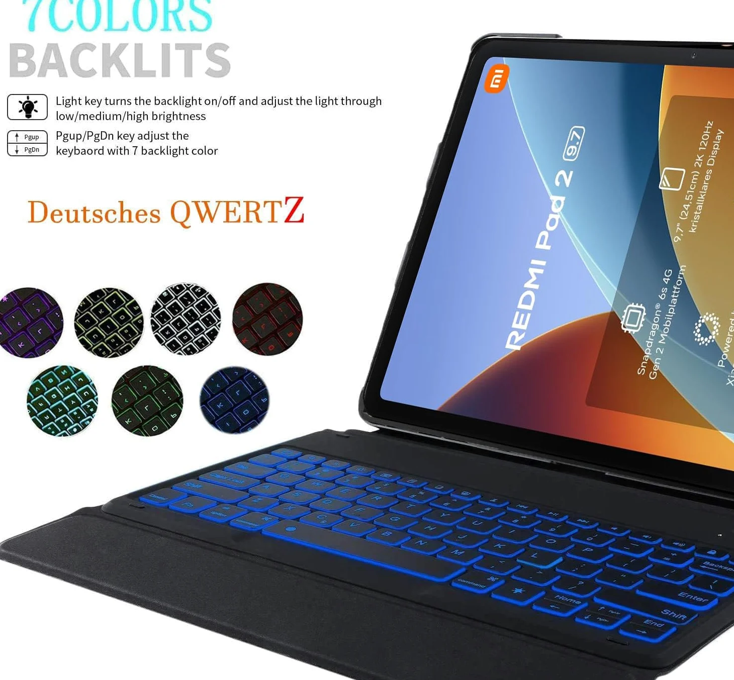 Custodia con tastiera per tablet Xiaomi Redmi Pad 2 da 9,7 pollici, QWERTZ tedesco, ultra sottile, con illuminazione a 7 colori, tastiera wireless con custodia protettiva, rosa
