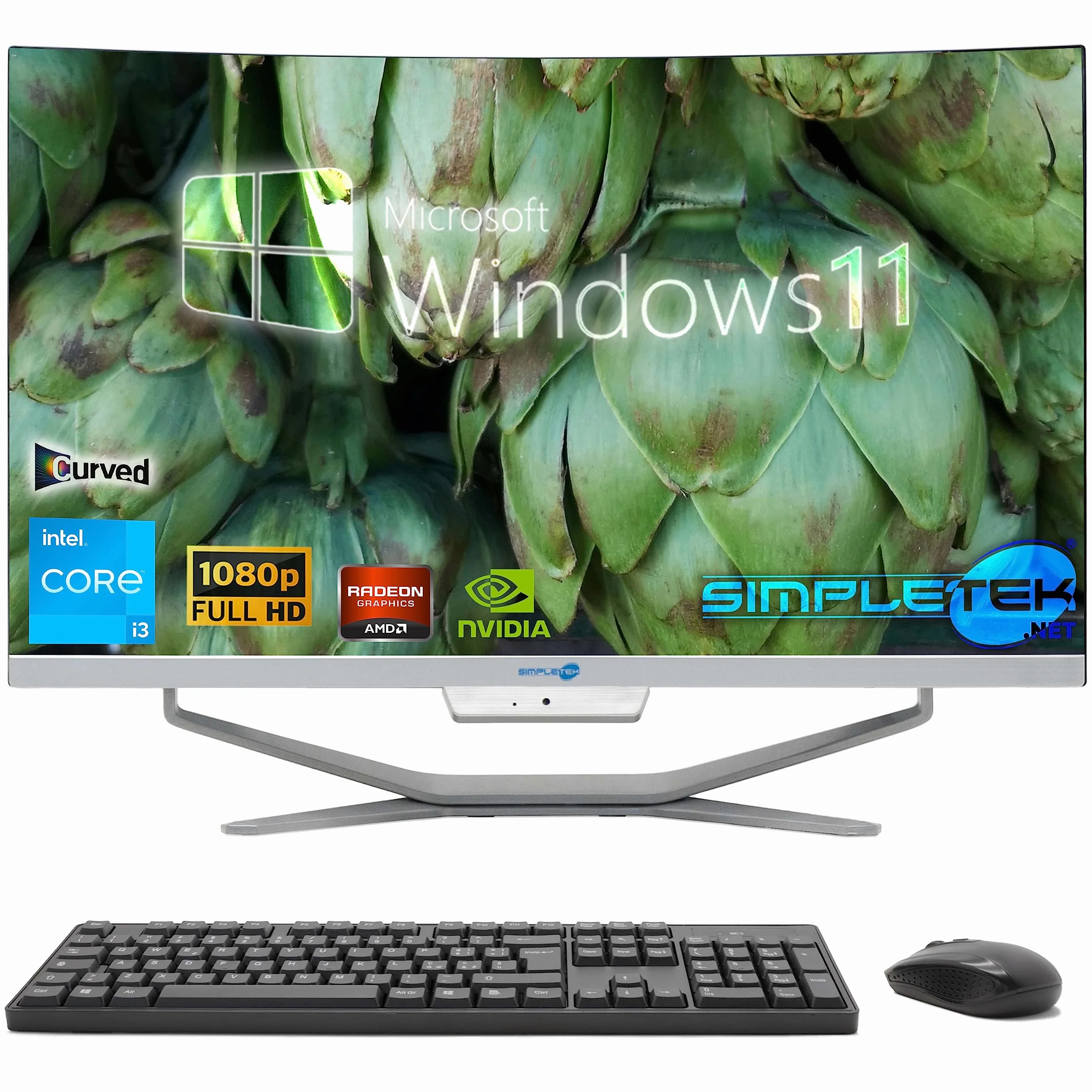 SIMPLETEK - PC All in One con Schermo Curvo 24" Core i3 | Scheda Video nVidia GT710 da 1GB | Windows 11 | 16GB RAM SSD 960GB | Ideale per Ufficio, Scuola, Casa