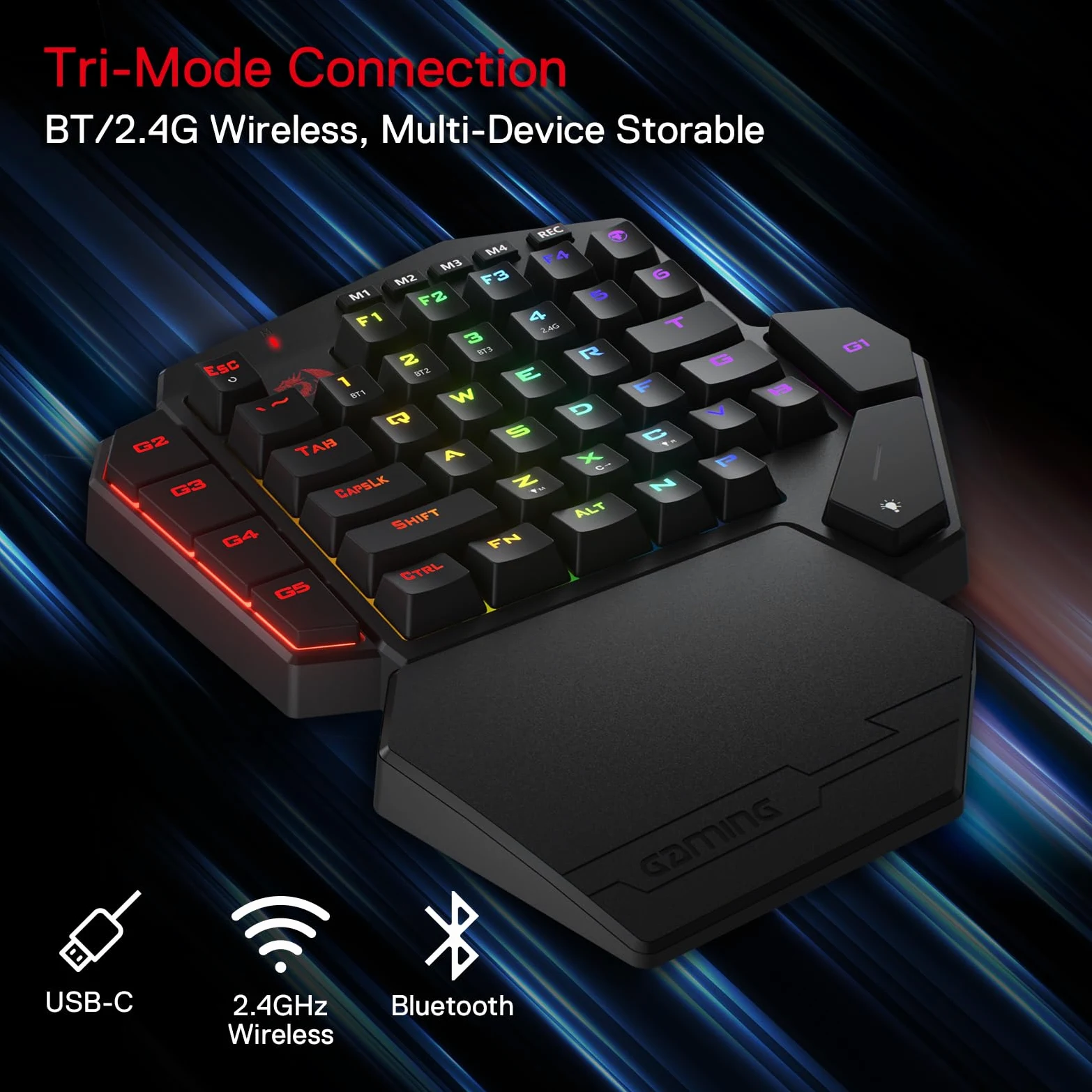 Redragon K585 DITI Tastiera Meccanica Una Mano Wireless 2.4G | tastiera meccanica una mano wireless 2.4G RGB 40% 7 tasti macro poggiapolsi rimovibile batteria 3000mAh interruttore blu