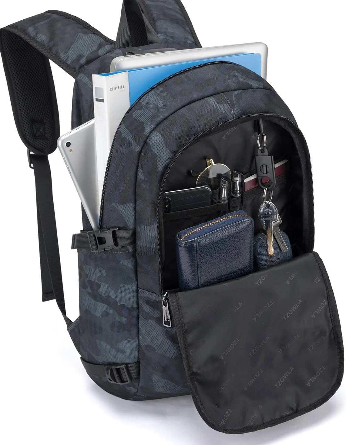 Tzowla Zaino Porta PC Universitari Uomo e Donna,Zaino da Viaggio Impermeabile Antifurto di Ricarica USB e Serratura per Notebook da 17/17,3 Pollici,Zaino da Giorno Sottile Lavoro Business-BluCamo