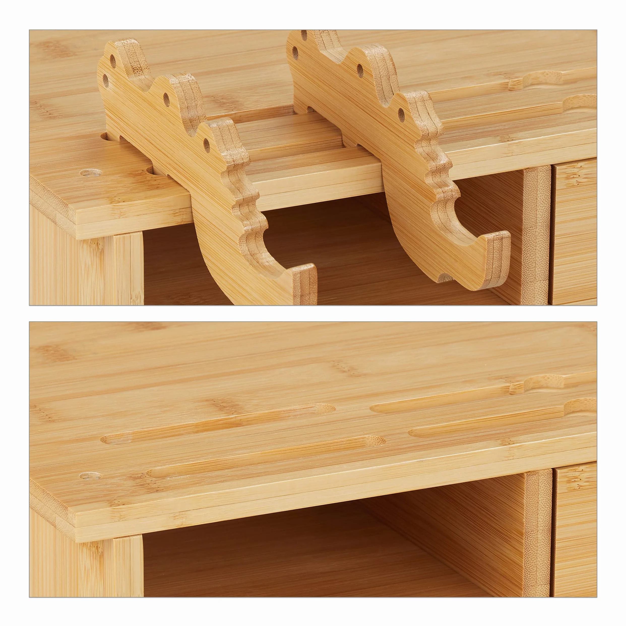 Relaxdays Supporto per Monitor, Rialzo per Schermo PC, Scomparto Porta Cellulare e 2 Cassetti, 14x54x23 cm, Naturale