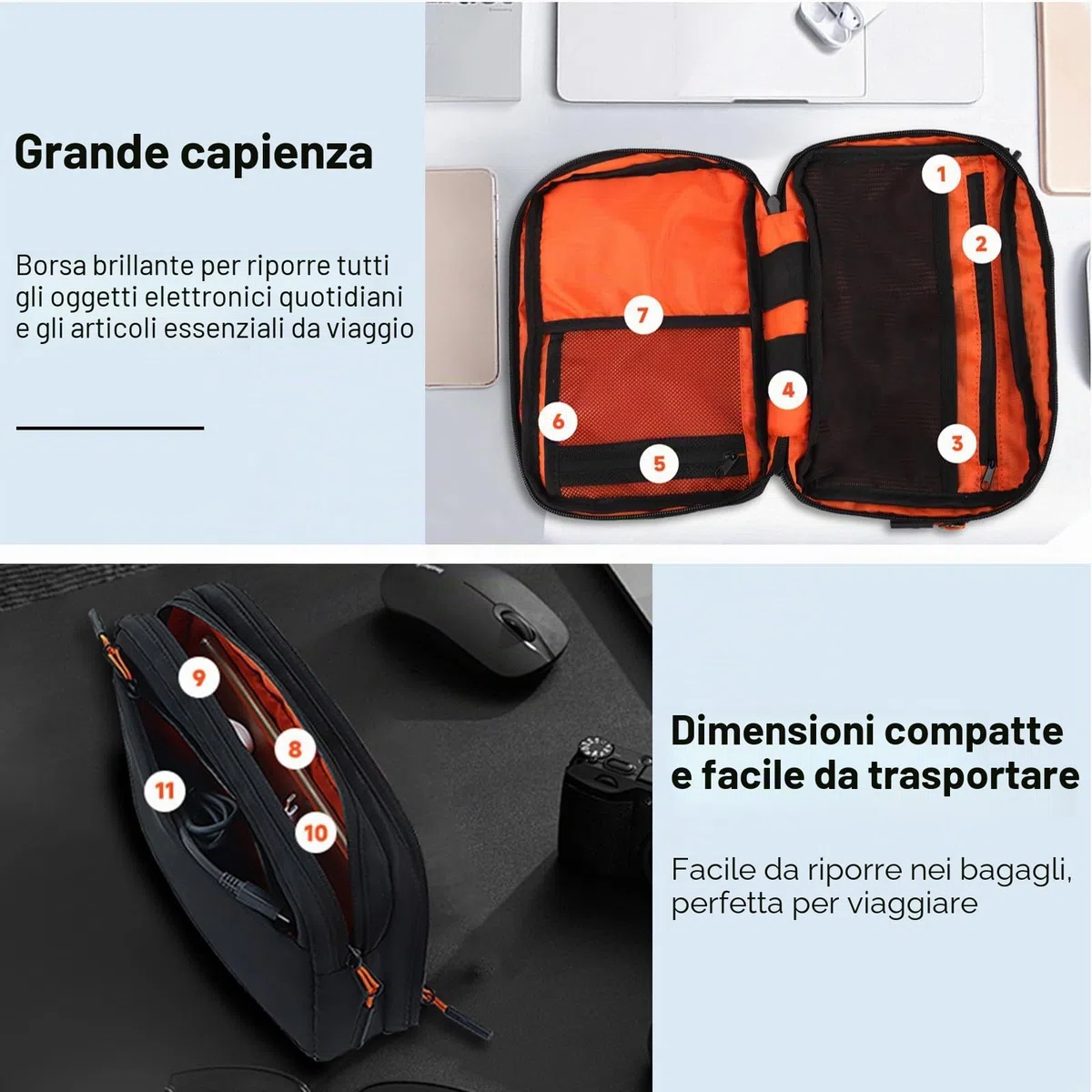 Teskyer Borsa Organizer Cavi - Portatile, Grande Capacità, Impermeabile, Borsa per gadget da viaggio, Accessori da viaggio, 25 x 17 x 8 cm, Nero