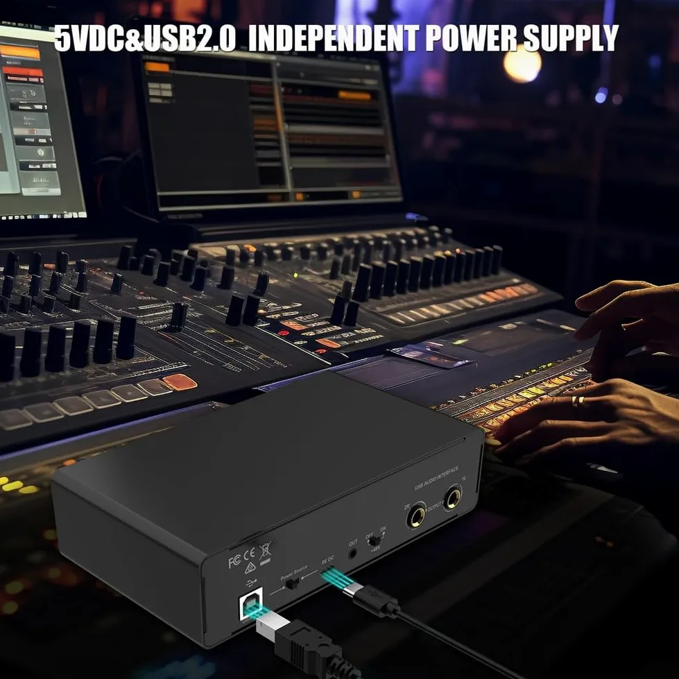 Malloy Interfaccia Audio USB, Interfaccia Audio 2 in 2 out con Alimentazione Phantom 48V per Registrazione, per Chitarrista, Cantante, Podcaster
